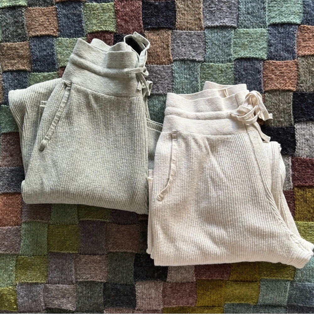 TWO Uniqlo WASHABLE KNIT RIBBED PANTS in Cream and Light Sage